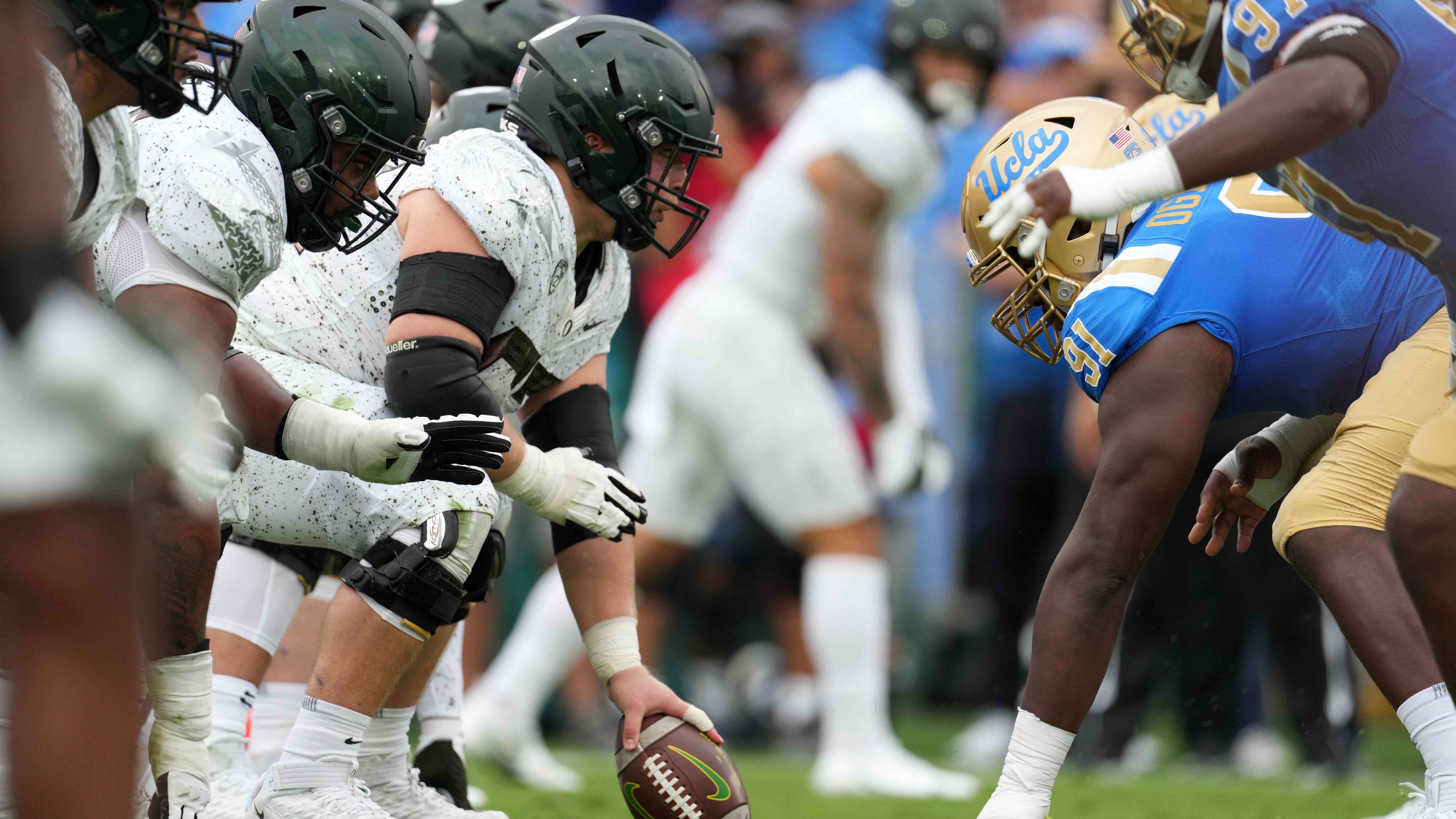 A general overall view of the line of scrimmage as Oregon sets up to snap against UCLA.