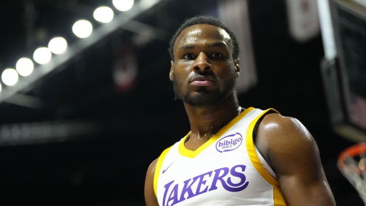 Jul 15, 2024; Las Vegas, NV, USA; Los Angeles Lakers guard Bronny James (9) competes during the first half against the Boston Celtics at Thomas & Mack Center. 