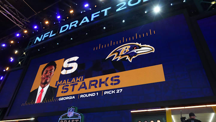Apr 24, 2025; Green Bay, WI, USA; Georgia Bulldogs safety Malaki Starks is selected as the No. 27 pick by the Baltimore Ravens during the NFL Draft at Lambeau Field. Mandatory Credit: Kirby Lee-Imagn Images Apr 24, 2025; Green Bay, WI, USA; Georgia Bulldogs safety Malaki Starks is selected as the No. 27 pick by the Baltimore Ravens during the NFL Draft at Lambeau Field. Mandatory Credit: Kirby Lee-Imagn Images
