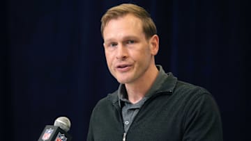 Feb 25, 2025; Indianapolis, IN, USA; Chicago Bears coach Ben Johnson speaks during the NFL Scouting Combine at the Indiana Convention Center.