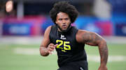 Feb 27, 2025; Indianapolis, IN, USA; Clemson defensive lineman Payton Page (DL25) participates in drills during the 2025 NFL Combine at Lucas Oil Stadium.