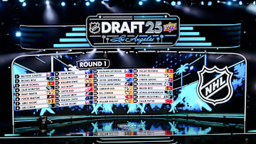 Jun 27, 2025; Los Angeles, California, USA; The draft board is seen following the first round of the 2025 NHL Draft at Peacock Theater. Mandatory Credit: Kirby Lee-Imagn Images