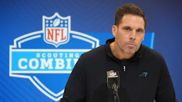 Feb 25, 2025; Indianapolis, IN, USA; Carolina Panthers general manager Dan Morgan speaks during the NFL Scouting Combine at the Indiana Convention Center. Mandatory Credit: Kirby Lee-Imagn Images