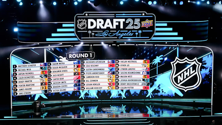 Jun 27, 2025; Los Angeles, California, USA; The draft board is seen following the first round of the 2025 NHL Draft at Peacock Theater. Mandatory Credit: Kirby Lee-Imagn Images