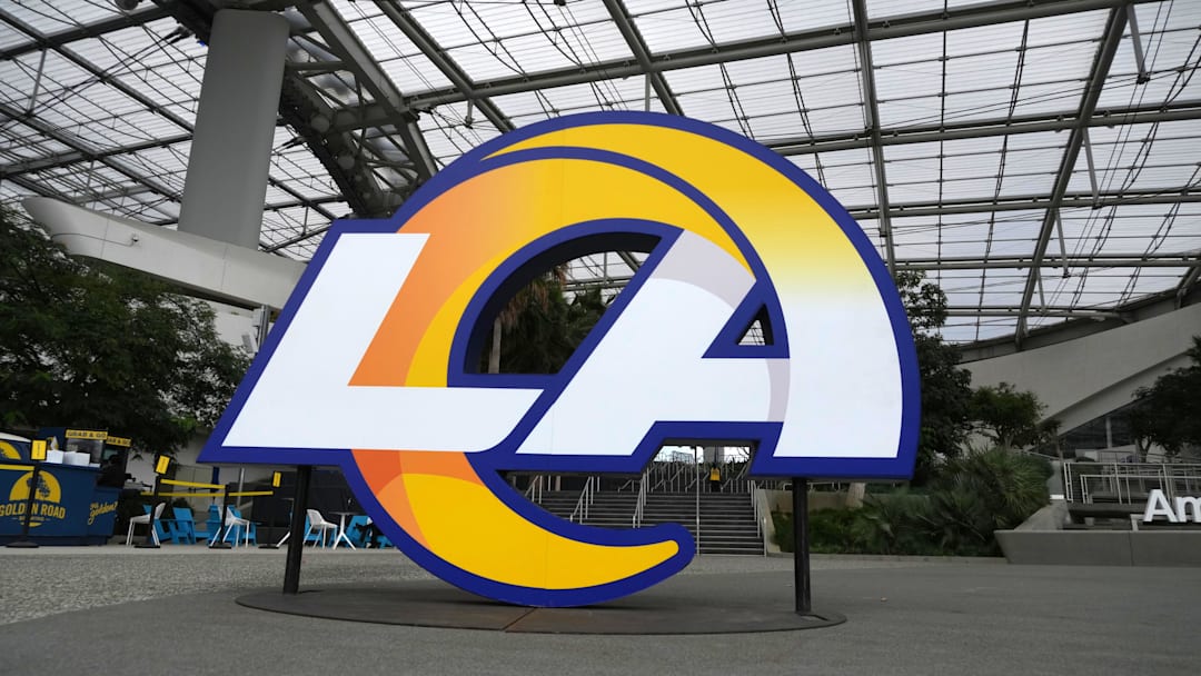 Aug 16, 2025; Inglewood, California, USA; The Los Angeles Rams logo at SoFi Stadium. Mandatory Credit: Kirby Lee-Imagn Images