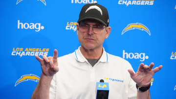 Apr 2, 2024; Costa Mesa, CA, USA; Los Angeles Chargers coach Jim Harbaugh speaks at press conference. 