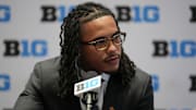 Jul 24, 2025; Las Vegas, NV, USA; USC wide receiver Makai Lemon speaks to the media during the Big Ten NCAA college football media days at Mandalay Bay Resort. Mandatory Credit: Lucas Peltier-Imagn Images
