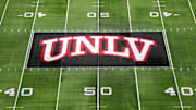 Dec 2, 2023; Las Vegas, NV, USA; The UNLV Rebels logo at midfield during the Mountain West Championship at Allegiant Stadium. Mandatory Credit: Kirby Lee-Imagn Images