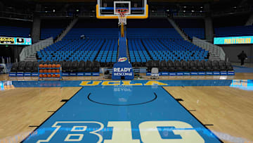 Dec 3, 2024; Los Angeles, California, USA; The Big Ten Confernce B1G logo on the court at Pauley Pavilion presented by Wescom. 
