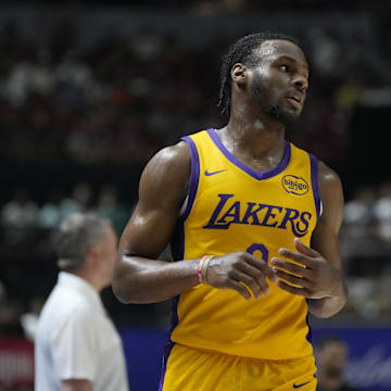 Jul 12, 2024; Las Vegas, NV, USA; Los Angeles Lakers guard Bronny James (9) competes during the second half against the Houston Rockets at the Thomas & Mack Center. Mandatory Credit: Lucas Peltier-Imagn Images