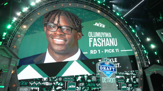 Apr 25, 2024; Detroit, MI, USA; Penn State Nittany Lions tackle Olumuyiwa Fashanu is selected as the No. 11 pick of the first round by the New York Jets during the 2024 NFL Draft at Campus Martius Park and Hart Plaza. Mandatory Credit: Kirby Lee-USA TODAY Sports
