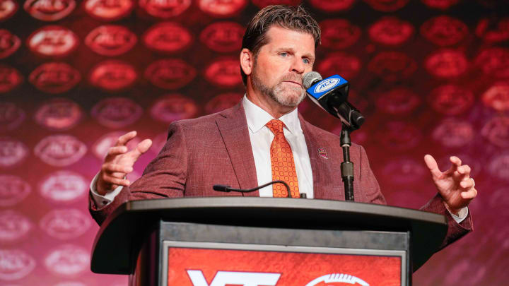 Jul 26, 2023; Charlotte, NC, USA;  Virginia Tech head coach Brent Pry answers questions from the media during the ACC 2023 Kickoff at The Westin Charlotte. Mandatory Credit: Jim Dedmon-USA TODAY Sports