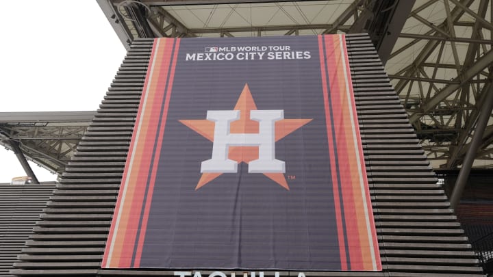 Apr 26, 2024; Mexico City, Mexico; A banner with the Houston Astros logo at Estadio Alfredo Harp Helu. 