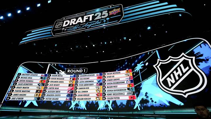 The draft board is seen following the first round of the 2025 NHL Draft at Peacock Theater. Mandatory Credit: Kirby Lee-Imagn Images
