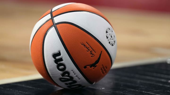 Sep 24, 2023; Las Vegas, Nevada, USA; A Wilson official WNBA basketball on the court during game one of the 2023 WNBA Semifinals between the Dallas Wings and the Las Vegas Aces at Michelob Ultra Arena.  Mandatory Credit: Kirby Lee-Imagn Images