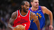 May 3, 2025; Denver, Colorado, USA; LA Clippers forward Kawhi Leonard (2) controls the ball in the first quarter against the Denver Nuggets during game seven of first round for the 2025 NBA Playoffs at Ball Arena. Mandatory Credit: Ron Chenoy-Imagn Images