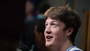 Apr 3, 2025; San Antonio, TX, USA; Duke Blue Devils guard Kon Knueppel (7) is interviewed during open locker room at Alamodome. Mandatory Credit: Bob Donnan-Imagn Images