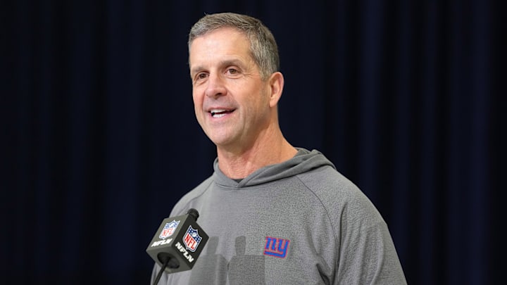 Feb 24, 2026; Indianapolis, IN, USA; New York Giants coach John Harbaugh speaks at the NFL Scouting Combine at the Indiana Convention Center. Mandatory Credit: Kirby Lee-Imagn Images