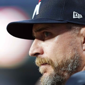 Jun 26, 2024; Phoenix, Arizona, USA; Minnesota Twins manager Rocco Baldelli (5) looks on against the Arizona Diamondbacks during the fourth inning at Chase Field. Mandatory Credit: Joe Camporeale-Imagn Images