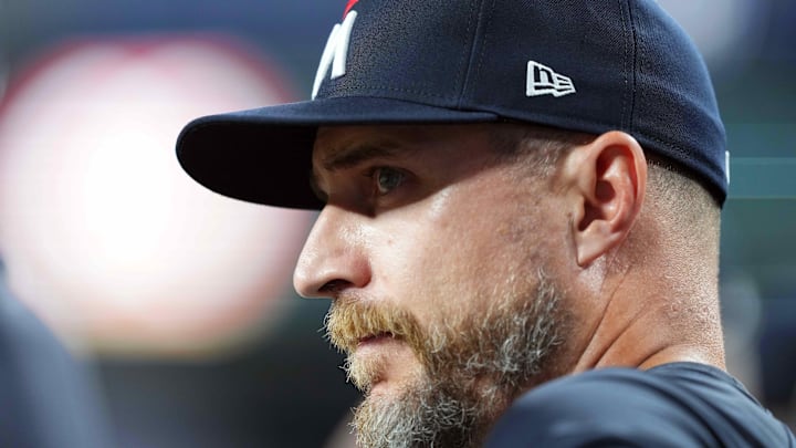 Jun 26, 2024; Phoenix, Arizona, USA; Minnesota Twins manager Rocco Baldelli (5) looks on against the Arizona Diamondbacks during the fourth inning at Chase Field. Mandatory Credit: Joe Camporeale-Imagn Images