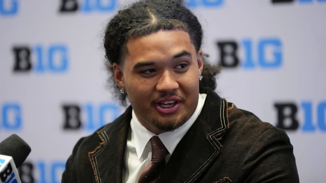 Jul 23, 2025; Las Vegas, NV, USA; Oregon defensive end Matayo Uiagalelei speaks to the media during the Big Ten NCAA college football media days at Mandalay Bay Resort. Mandatory Credit: Lucas Peltier-Imagn Images