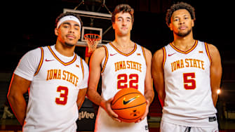 Iowa State Men's Basketball players Tamin Lipsey, Milan Momcilovic, and Joshua Jefferson stand for a photo during media day at Hilton Coliseum in Ames, Oct. 8, 2025.