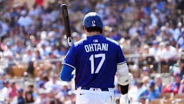 Mar 6, 2025; Phoenix, Arizona, USA; Los Angeles Dodgers two-way player Shohei Ohtani (17) bats against the Texas Rangers during the third inning at Camelback Ranch-Glendale. Mandatory Credit: Joe Camporeale-Imagn Images