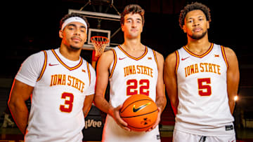 Iowa State Men's Basketball players Tamin Lipsey, Milan Momcilovic, and Joshua Jefferson stand for a photo during media day at Hilton Coliseum in Ames, Oct. 8, 2025.