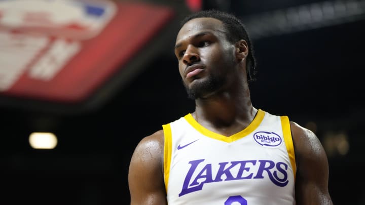 Jul 15, 2024; Las Vegas, NV, USA; Los Angeles Lakers guard Bronny James (9) competes against the Boston Celtics during the second half at Thomas & Mack Center. Mandatory Credit: Lucas Peltier-USA TODAY Sports