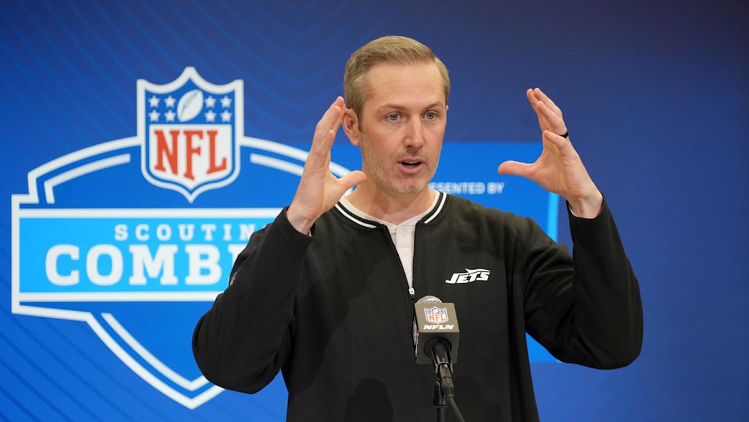 Feb 25, 2025; Indianapolis, IN, USA; New York Jets general manager Darren Mougey speaks during the NFL Scouting Combine at the Indiana Convention Center. Mandatory Credit: Kirby Lee-Imagn Images