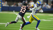 Jaylon Johnson goes for a tackle against the Rams. The Bears have lost three in a row to the Rams, but they're coming to Chicago and the Bears have won three straight over the Rams there.