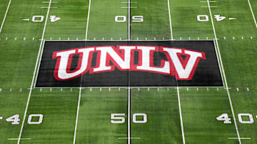 The UNLV Rebels logo at midfield during the Mountain West Championship at Allegiant Stadium. Mandatory Credit: Kirby Lee-Imagn Images