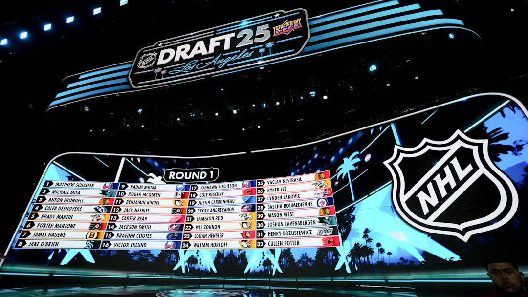 Jun 27, 2025; Los Angeles, California, USA; The draft board is seen following the first round of the 2025 NHL Draft at Peacock Theater. Mandatory Credit: Kirby Lee-Imagn Images