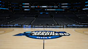 Mar 30, 2024; Los Angeles, CA, USA; The NCAA March Madness Sweet 16 and Elite Eight logo at midcourt before the game between the Clemson Tigers and the Alabama Crimson Tide in the finals of the West Regional of the 2024 NCAA Tournament at Crypto.com Arena.
