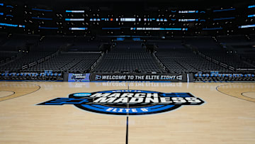 Mar 30, 2024; Los Angeles, CA, USA; The NCAA March Madness Sweet 16 and Elite Eight logo at midcourt before the game between the Clemson Tigers and the Alabama Crimson Tide in the finals of the West Regional of the 2024 NCAA Tournament at Crypto.com Arena.