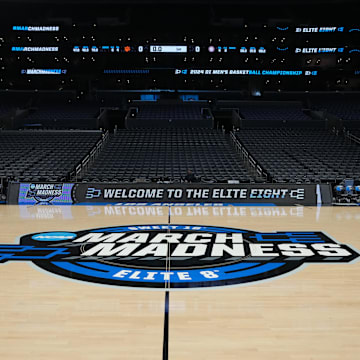 Mar 30, 2024; Los Angeles, CA, USA; The NCAA March Madness Sweet 16 and Elite Eight logo at midcourt before the game between the Clemson Tigers and the Alabama Crimson Tide in the finals of the West Regional of the 2024 NCAA Tournament at Crypto.com Arena.