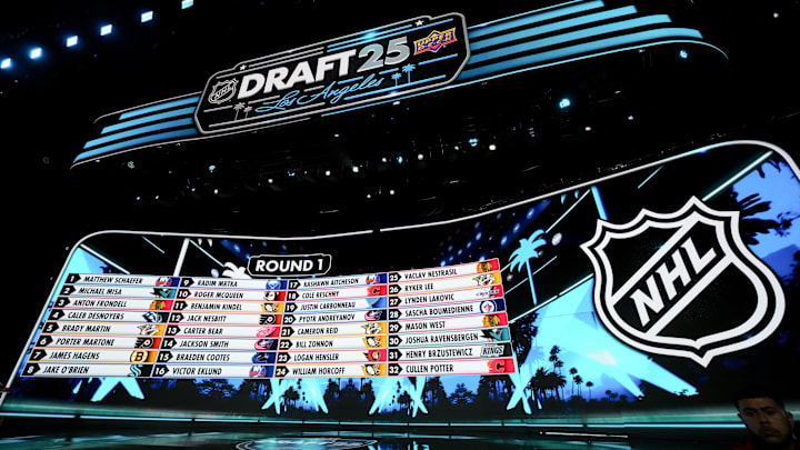 Jun 27, 2025; Los Angeles, California, USA; The draft board is seen following the first round of the 2025 NHL Draft at Peacock Theater. Mandatory Credit: Kirby Lee-Imagn Images