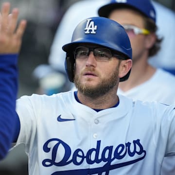 Dodgers third baseman Max Muncy (13) celebrates scoring during the first inning against the Chicago White Sox at Dodger Stadium on July 1.