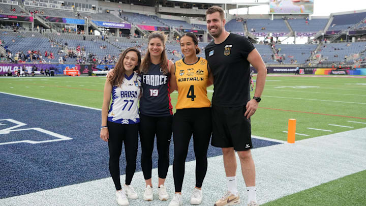 NFL/IFAF Global flag football ambassadors Gabi Bankhardt (Brazil), Elisa De Santis (France),  Kodie Fuller (Australia) 
