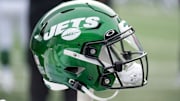 Aug 12, 2023; Charlotte, North Carolina, USA; New York Jets helmet during the second quarter against the Carolina Panthers at Bank of America Stadium. Mandatory Credit: Jim Dedmon-Imagn Images