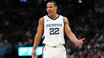 Dec 28, 2023; Denver, Colorado, USA; Memphis Grizzlies guard Desmond Bane (22) reacts in the second