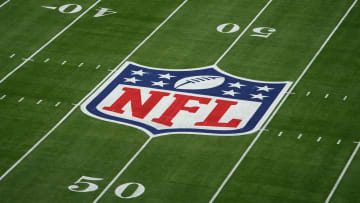 Feb 12, 2023; Glendale, AZ, USA; A general view of the NFL shield logo on the field before Super