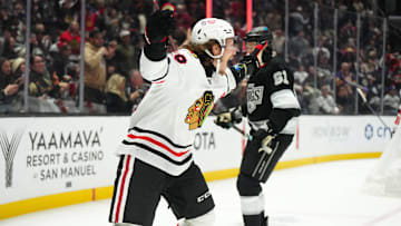Nov 2, 2024; Los Angeles, California, USA; Chicago Blackhawks left wing Tyler Bertuzzi (59) celebrates after scoring a goal against the LA Kings in the third period at Crypto.com Arena. Mandatory Credit: Kirby Lee-Imagn Images