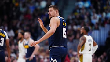 Nov 8, 2025; Denver, Colorado, USA; Denver Nuggets center Nikola Jokic (15) calls out in the second quarter against the Indiana Pacers at Ball Arena. Mandatory Credit: Ron Chenoy-Imagn Images