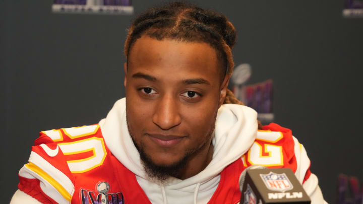 Feb 6, 2024; Las Vegas, NV, USA; Kansas City Chiefs safety Justin Reid (20) during a press conference before Super Bowl LVIII at Westin Lake Las Vegas Resort and Spa. Mandatory Credit: Kirby Lee-USA TODAY Sports