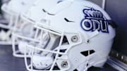 Dec 18, 2023; Charlotte, NC, USA; Old Dominion Monarchs helmets are seen during the first quarter of the Famous Toastery Bowl against the Western Kentucky Hilltoppers at Charlotte 49ers' Jerry Richardson Stadium. Mandatory Credit: Jim Dedmon-Imagn Images