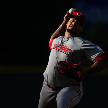 Jun 4, 2024; Denver, Colorado, USA; Cincinnati Reds starting pitcher Frankie Montas (47) delivers a pitch in the first inning against the Colorado Rockies at Coors Field. Mandatory Credit: Ron Chenoy-USA TODAY Sports
