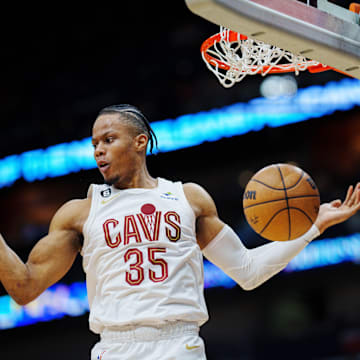 Feb 10, 2023; New Orleans, Louisiana, USA; Cleveland Cavaliers forward Isaac Okoro (35) reacts to dunking the ball against the New Orleans Pelicans during the second quarter at Smoothie King Center. Mandatory Credit: Andrew Wevers-Imagn Images