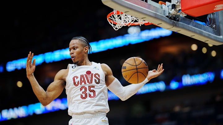 Feb 10, 2023; New Orleans, Louisiana, USA; Cleveland Cavaliers forward Isaac Okoro (35) reacts to dunking the ball against the New Orleans Pelicans during the second quarter at Smoothie King Center. Mandatory Credit: Andrew Wevers-Imagn Images