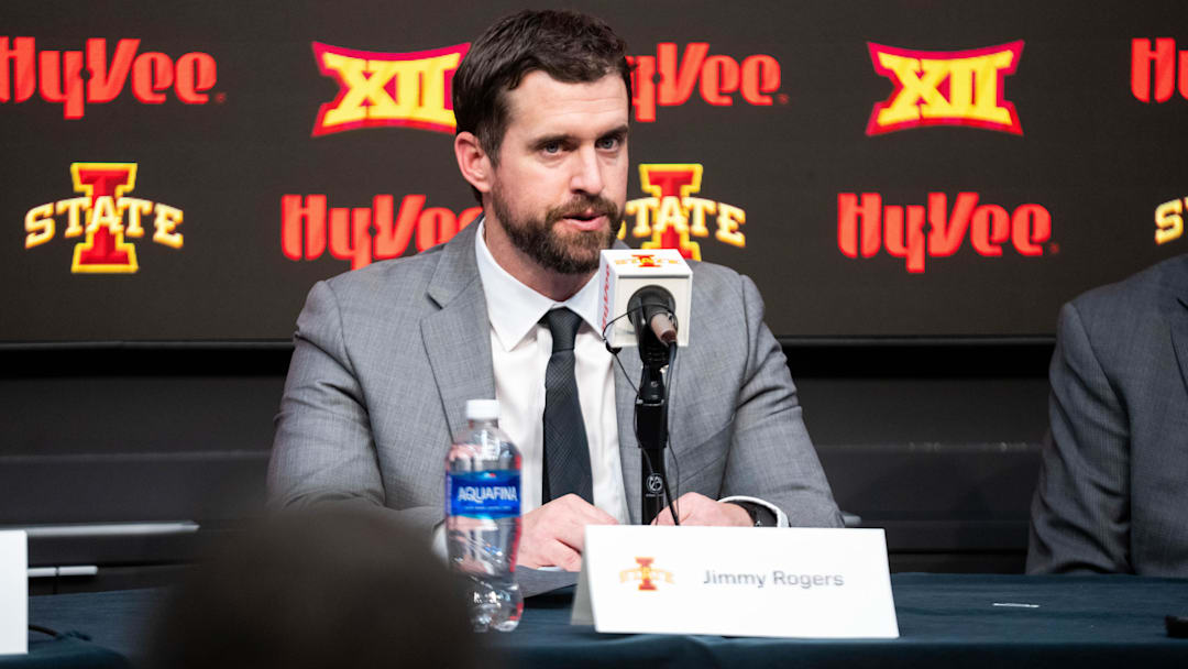 Jimmy Rogers speaks during his introductory press conference as Iowa State’s new head football coach on Dec. 8, 2025, at Iowa State University in Ames, IA.